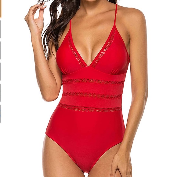 Other - Red V Neck Mesh One Piece Swimsuit Swimwear Slimming Bathing Suits
